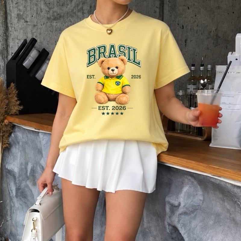 Camiseta Feminina Brasil 2026 Ursinho Copa do Mundo Adulto Estampa Fofa Moda Casual
