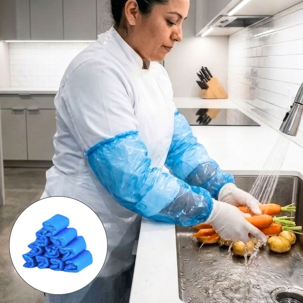 100 Mangote Descartável Polietileno Plástico Manga Impermeável Com Elástico Azul Multifuncional