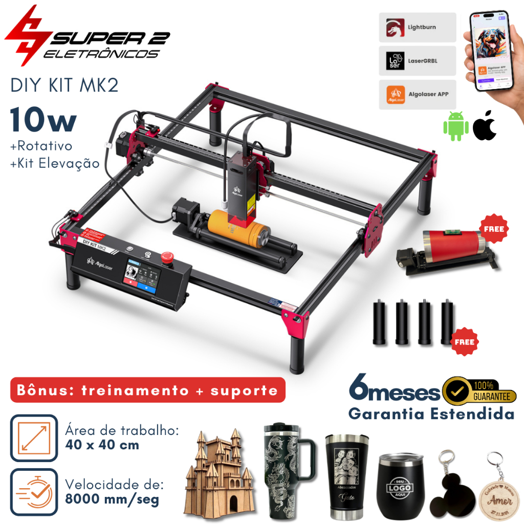 Kit Gravadora Corte Laser AlgoLaser DIY Kit MK2 10W 41x43cm + Kit Rotativo + Suporte e Treinamento