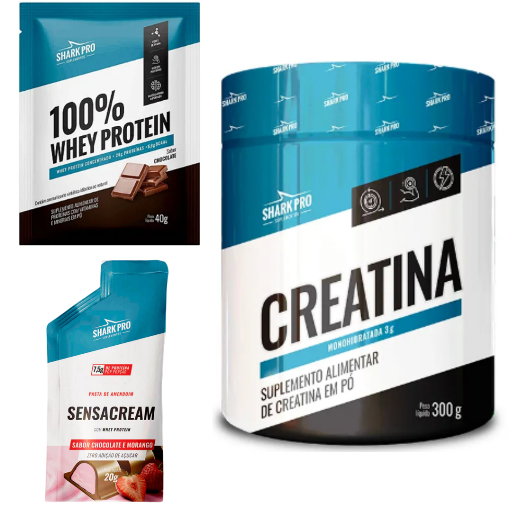 Kit Creatina Monohidratada 300g Pura Shark + Amostra De Degustação