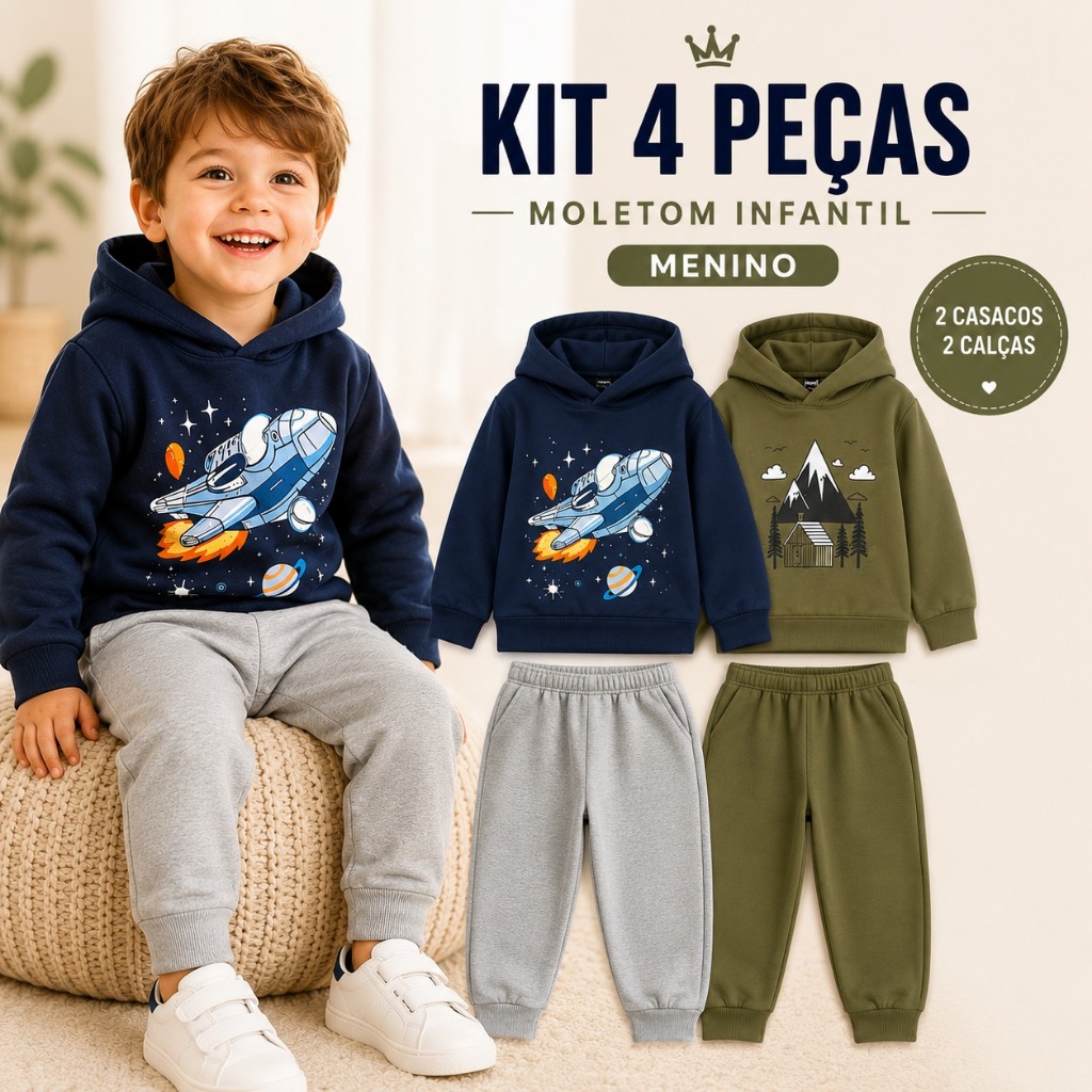 Kit 4 Peças Conjunto Moletom Infantil Menino Inverno Com Capuz Peluciado Quentinho Roupa Frio Casual