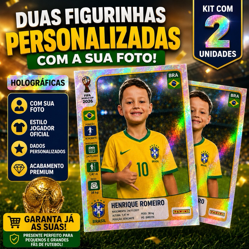 Kit com 2 Figurinhas da Copa Personalizadas com Sua Foto | Estilo Álbum Oficial | Material Premium | Envio Imediato
