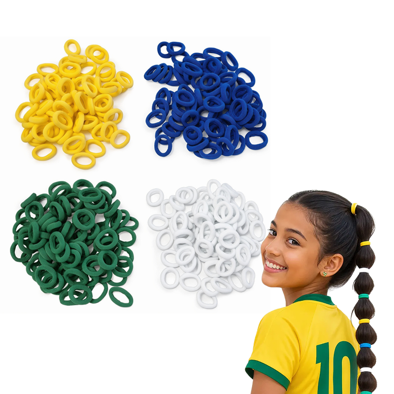 Kit Elásticos de Cabelo Verde Amarelo Azul Branco Tema Seleção Brasileira Copa do Mundo