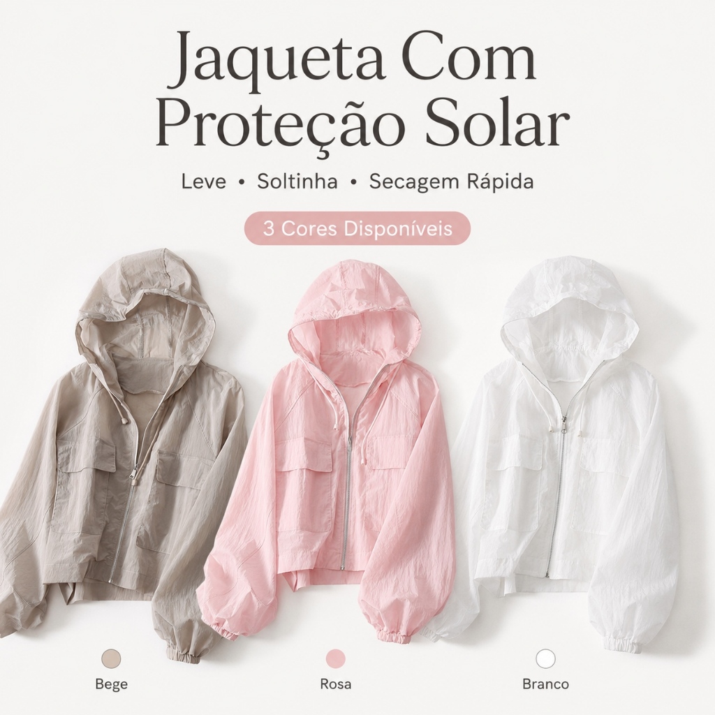 Jaqueta de Protecao Solar Feminina UV50 Corta Vento Cortavento com Capuz e Ziper Quatro Estacoes