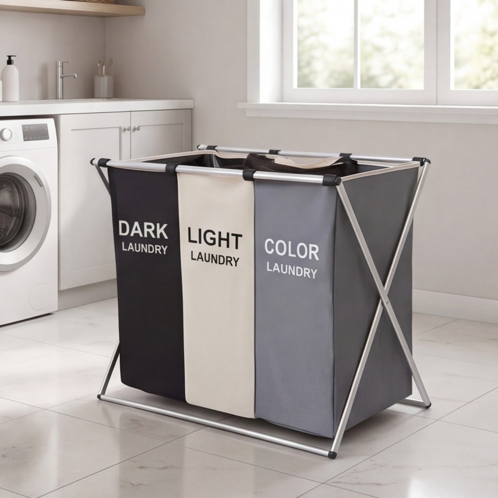 Cesto Roupa Suja 3 Compartimentos Dobrável Grande Organizador Separador Lavanderia