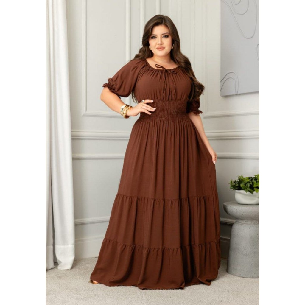 Vestido Longo feminina VISCOLINHO Ciganinha Casual Manga curta COM elástico na Cintura Tendência Moda Evangélica