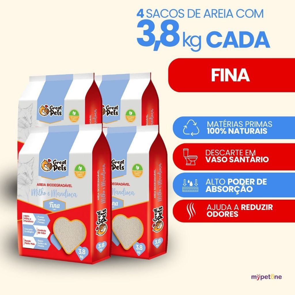 Kit 4 Areia Biodegradável Fina 3,8 Kg para Gatos - Great Pets