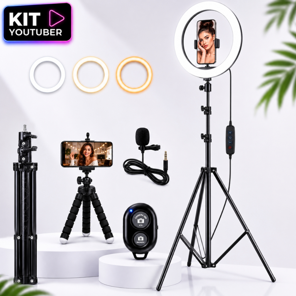 Ring Light Iluminacao 10 Polegadas Kit Profissional Tripé 210cm Suporte Celular Streaming Gravacao