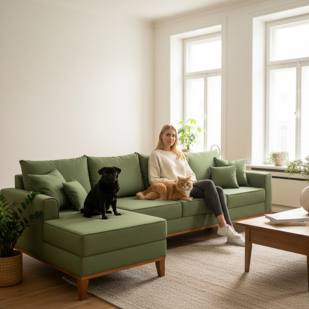 Sofá 4 Lugares Beny com Chaise Esquerdo Linho Verde Oliva