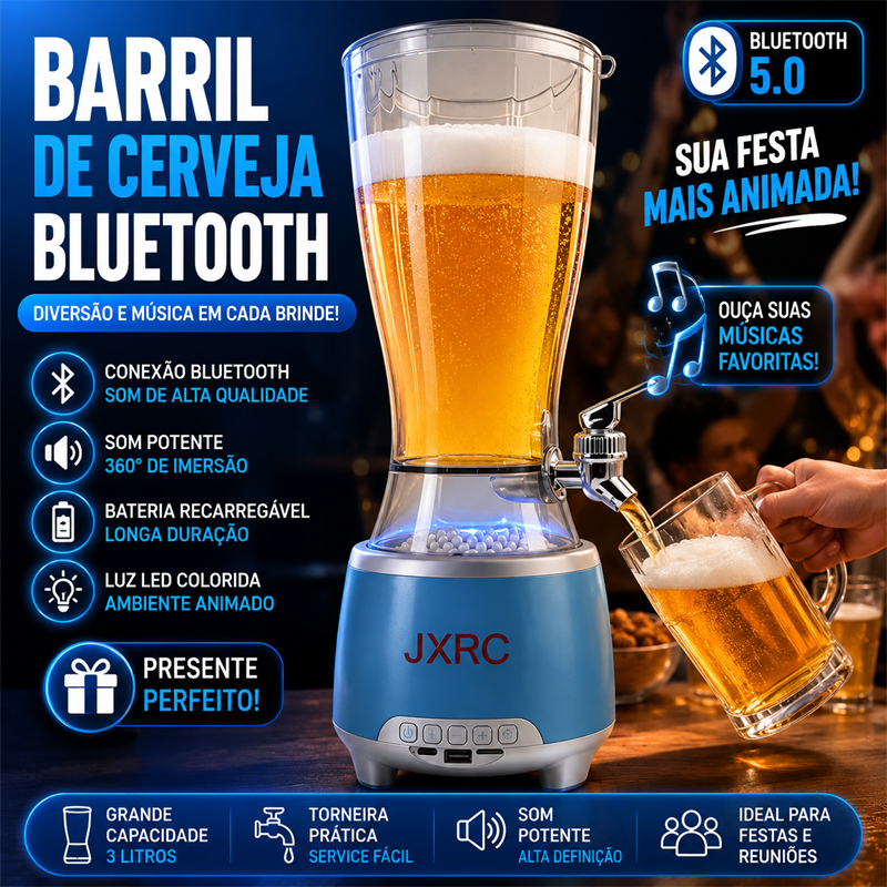 Torre Chopp LED RGB 2,5L Bluetooth Caixa Som Integrada USB-C Bivolt Acrílico Portátil Festa Churrasco Bar Presente