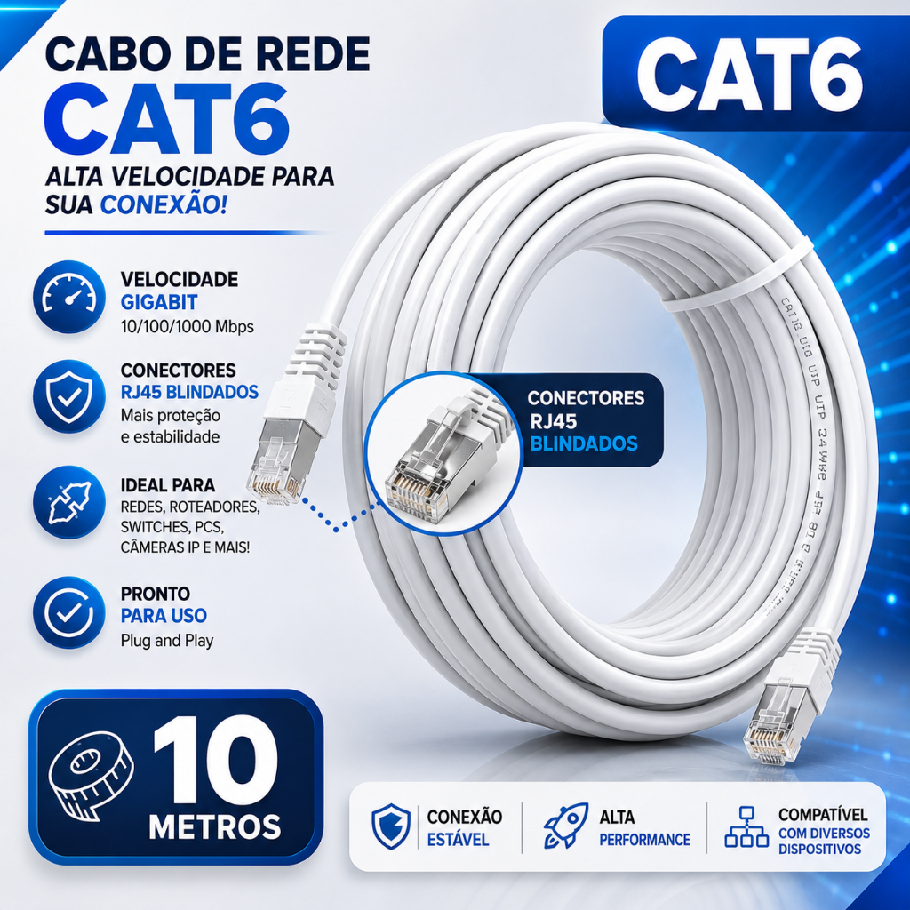 Cabo de Rede CAT6 10 Metros Branco com Conector Blindado Internet Gigabit RJ45