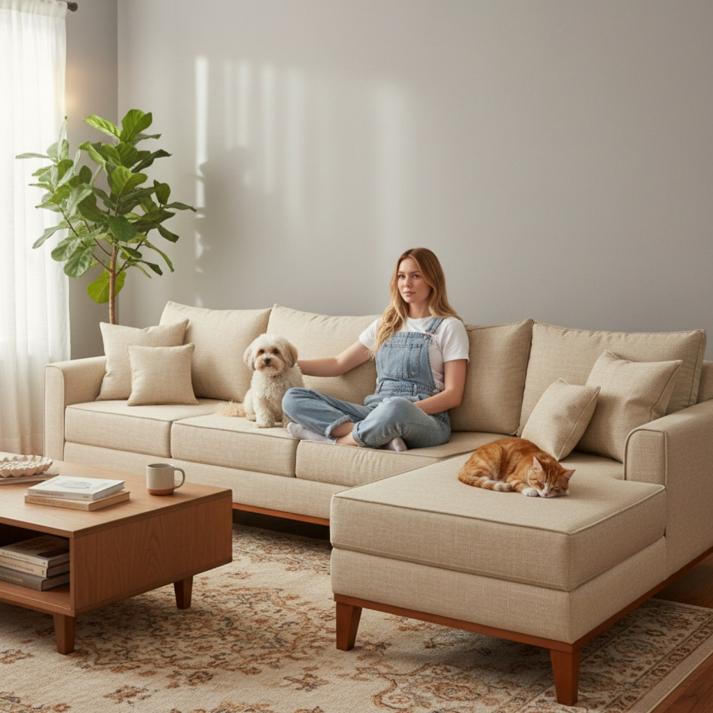 Sofá 4 Lugares Beny com Chaise Direito Suede Bege