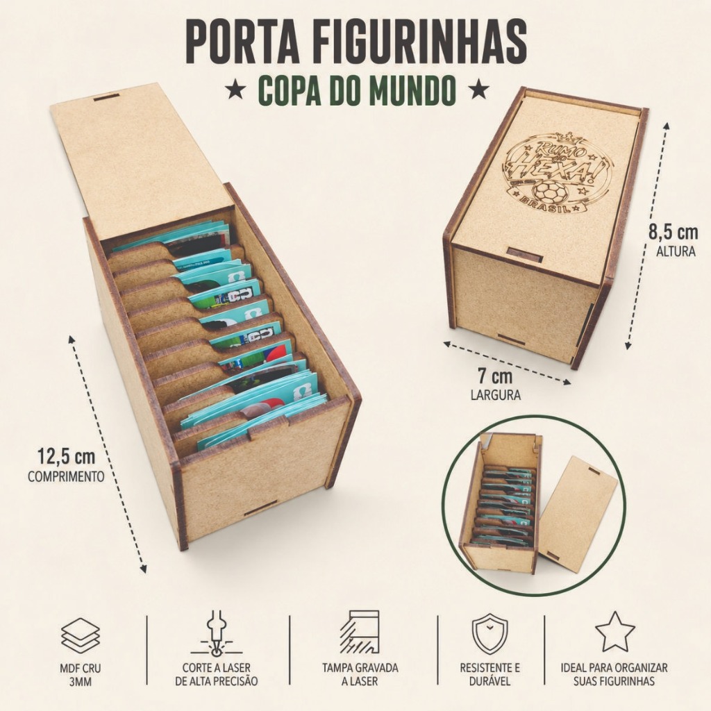 Porta Figurinha Caixa Organizadora em Mdf Com Divisórias Copa Do Mundo 2026