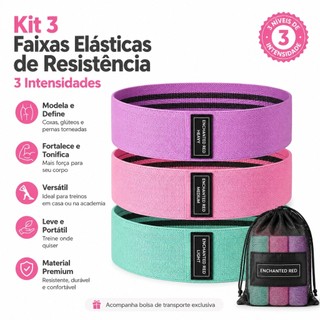 Kit 3 Faixas Elásticas de Resistência 3 Intensidades para Exercícios Treino e Fisioterapi…