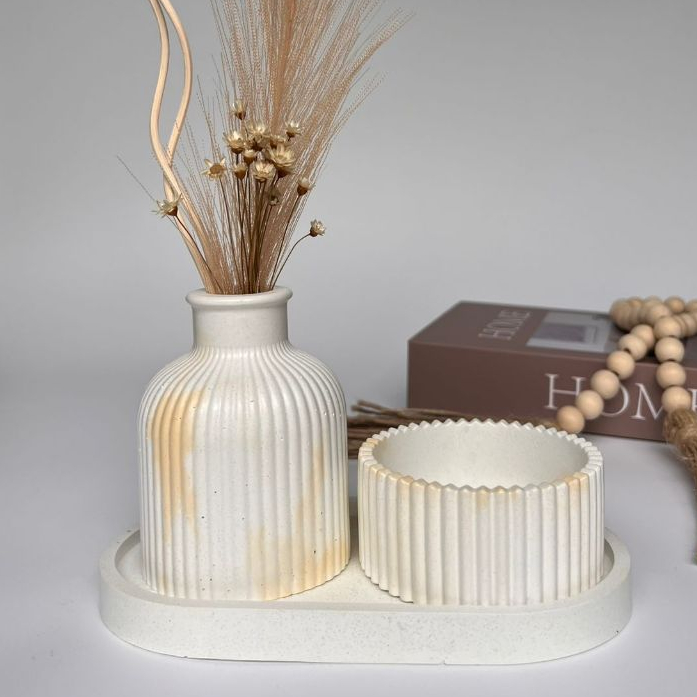 Kit Decorativo Vaso Decorativo Bandeja E Organizador Minimalista Em Cimento Branco