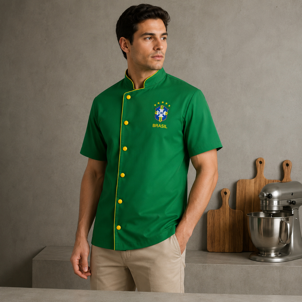 Dólmã-doma-dolma Chef Premium Copa Brasil Feminina e Masculina | Uniforme Gastronomia Bordado Premium Manga Curta | Doma