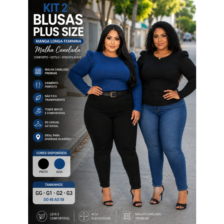 Blusa Feminina Plus Size Manga Longa Malha Canelada, Detalhe no Ombro, Blusa Plus Size,  Blusa Feminina Plus