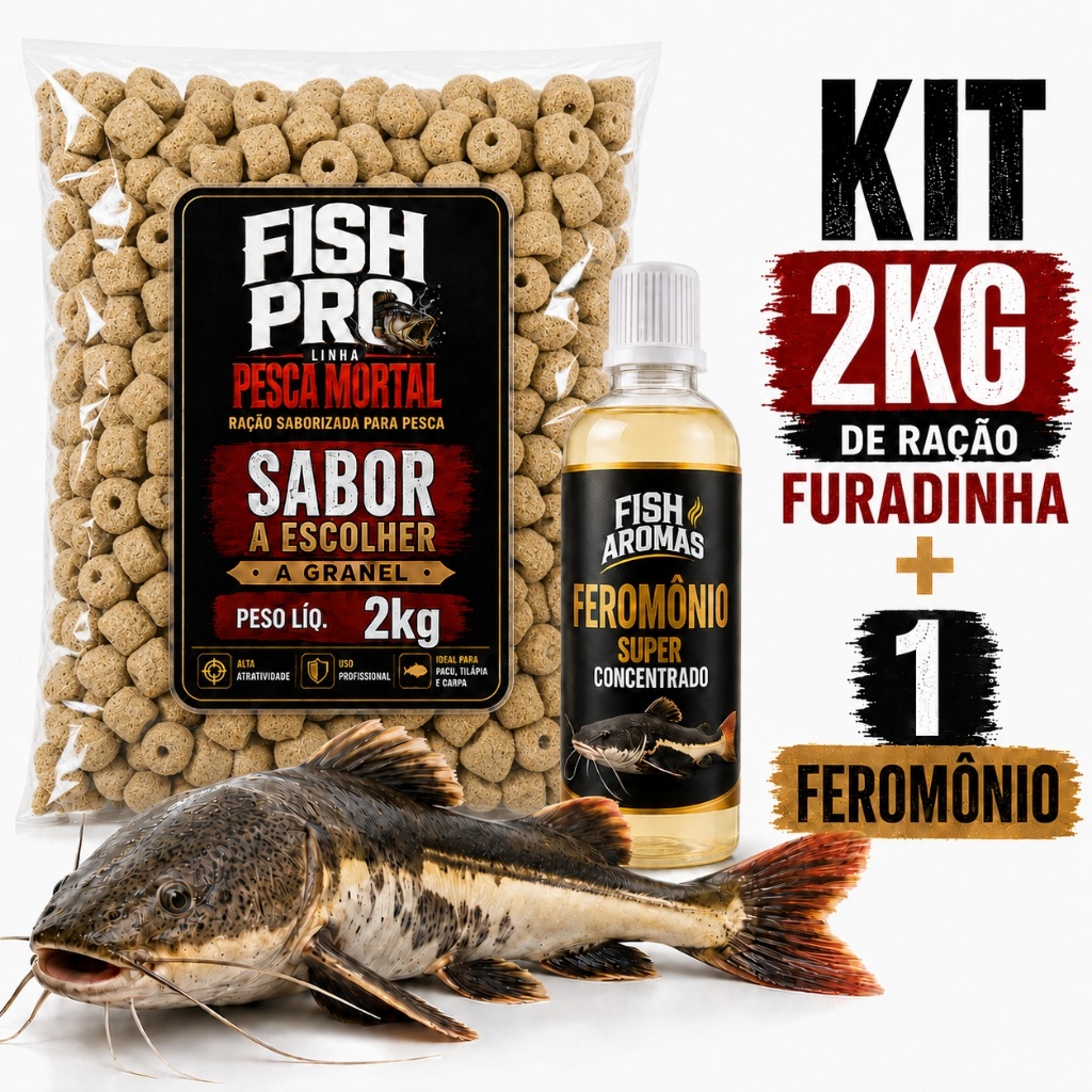1 Feromônio Atrativo para Pesca Super Concentrado + 2kg de Ração Furadinha 10mm Atrativo para Peixe