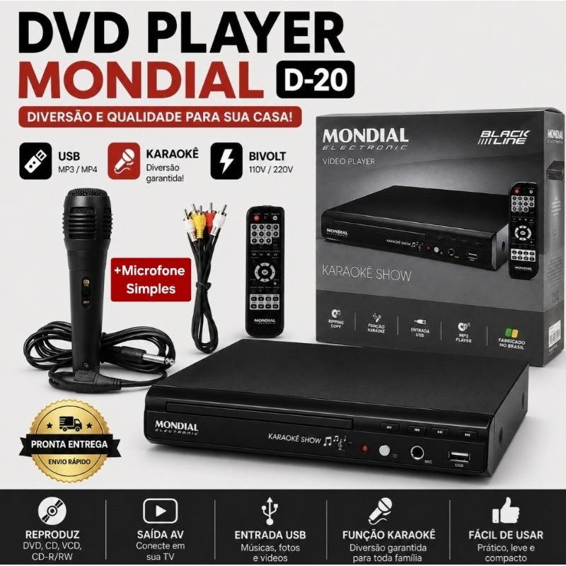 Aparelho de DVD Player Mondial D20 C/Karaokė, USB Ripping Cd p/ Mp3 + 1 Microfone (Novo e Lacrado)