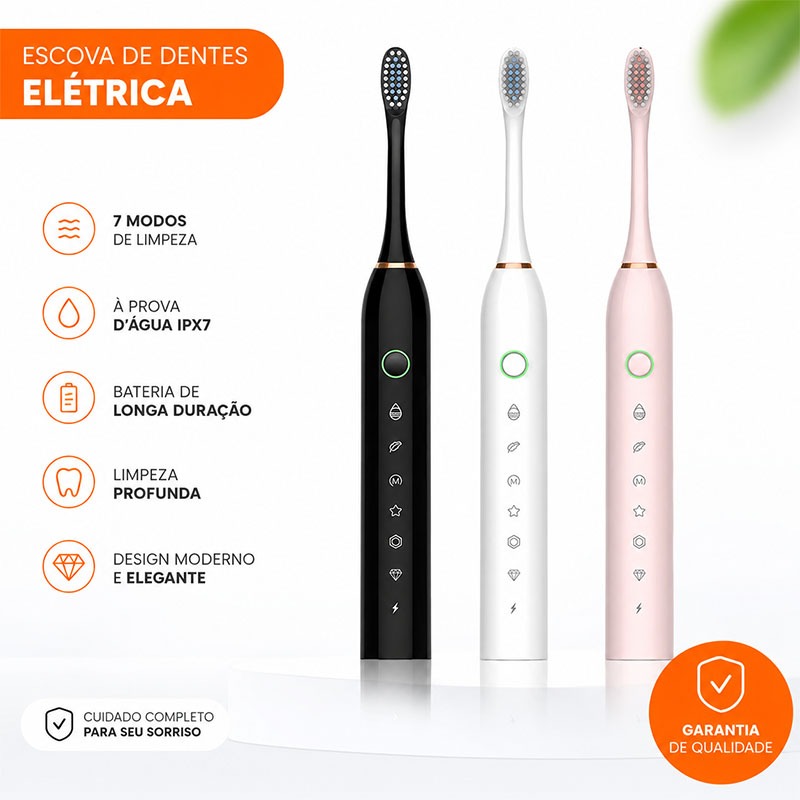 Escova de Dente Elétrica Sônica Recarregável 6 Modos Cerdas Macias | Limpeza Profunda Roteção Gengival | Longa Duração