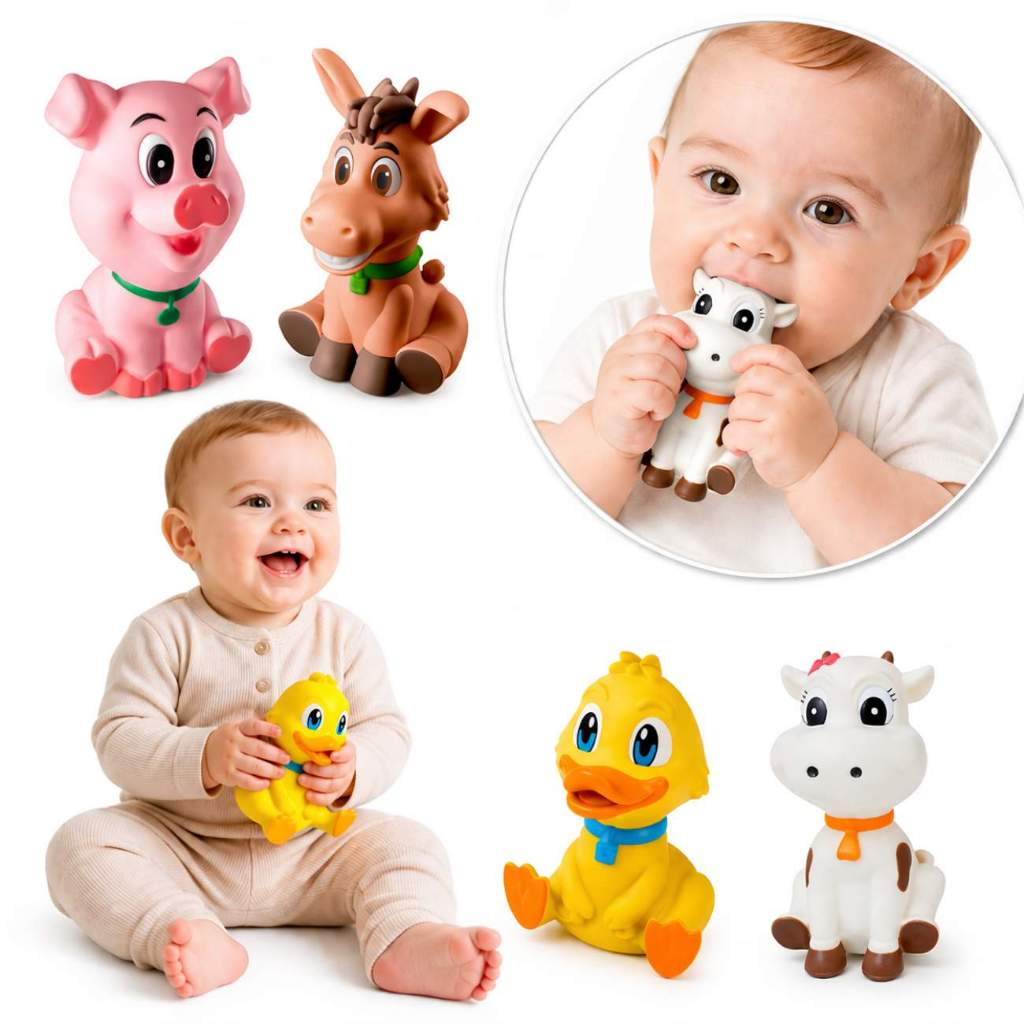 Kit 4 Brinquedos Mordedor Bebê Animais Fazenda Vinil Macio Brinquedo Fazendinha