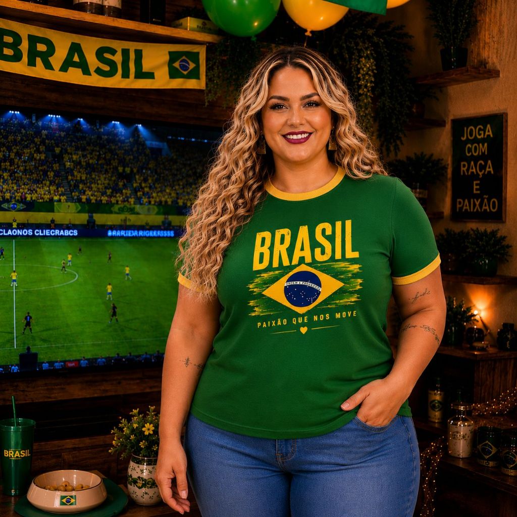 Camiseta feminina da copa estampa delicada tecido canelado confortavel gola redonda manga curta qualquer ocasião