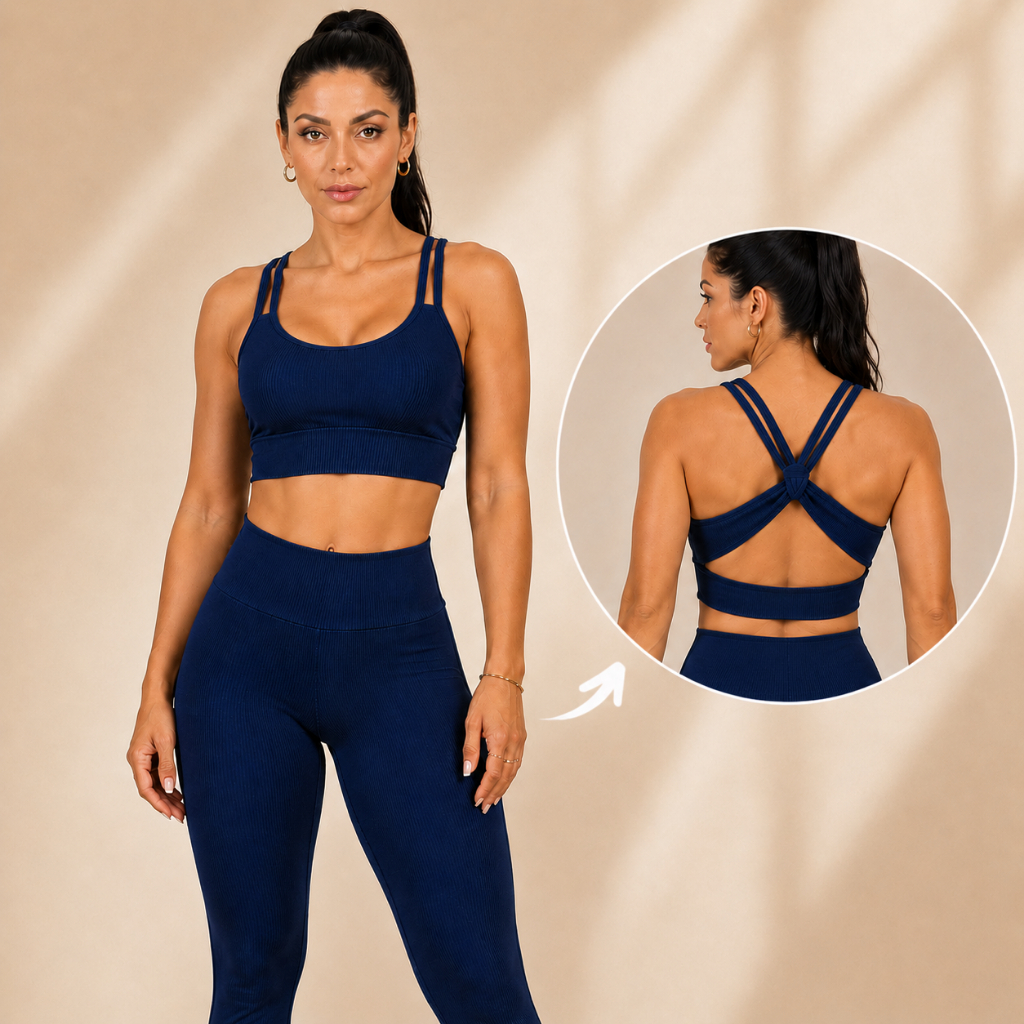 Conjunto Academia Premium Fitness Top e Calça Legging Cintura Alta Zero Transparência Compressão Canelado Fit Feminino