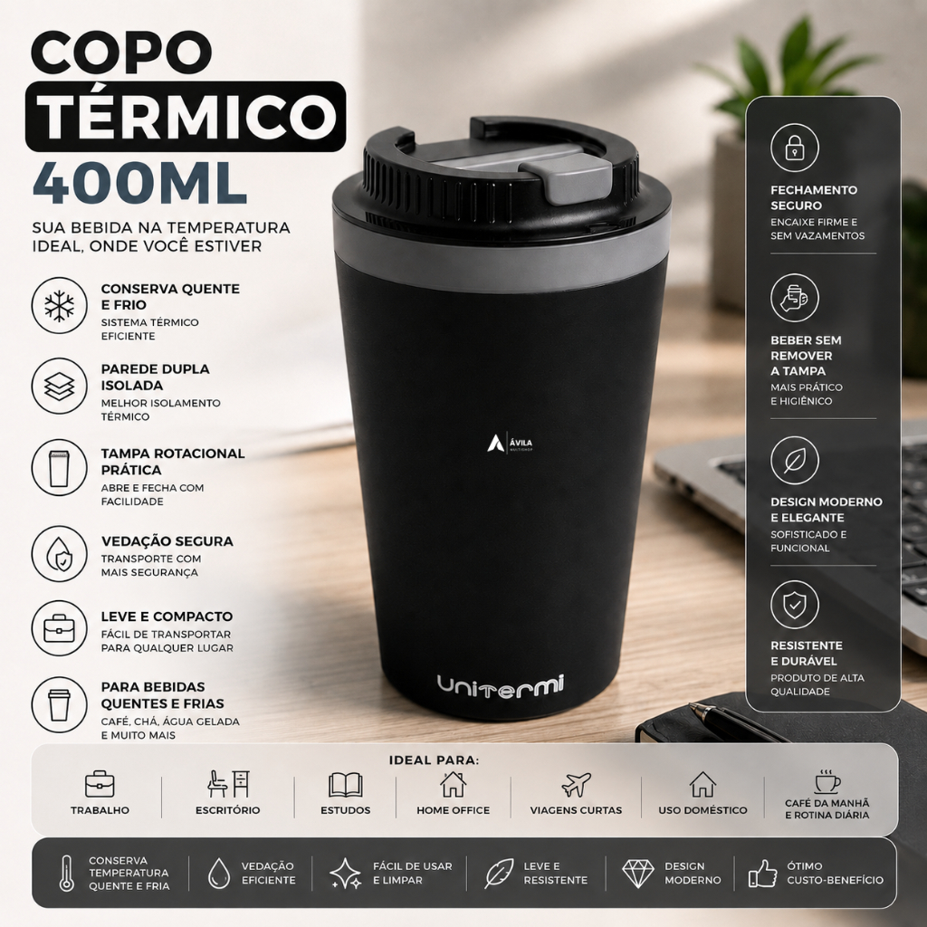 Copo Térmico 400mL Parede Dupla Squeeze Café Água Chá Suco Leite Refrigerante Unitermi Minas
