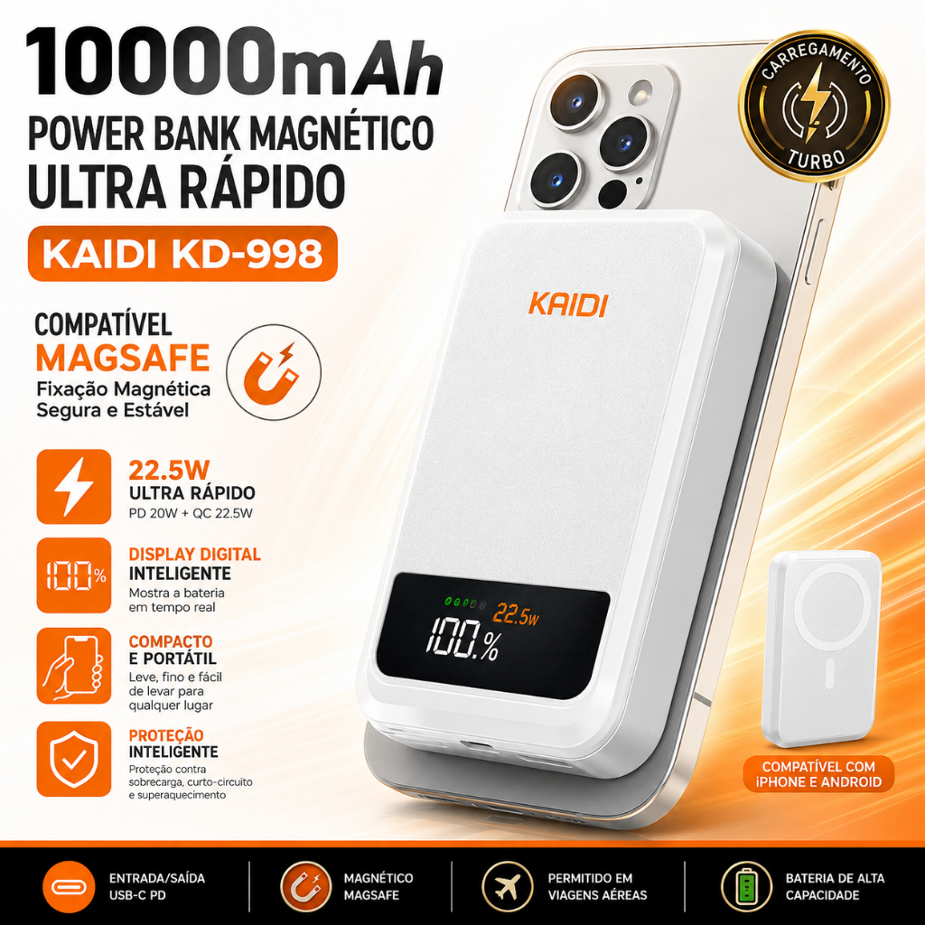 Power Bank Magnético 10000mAh Kaidi KD-998 Magsafe 22.5W Turbo USB-C Carregador Portátil iPhone Android
