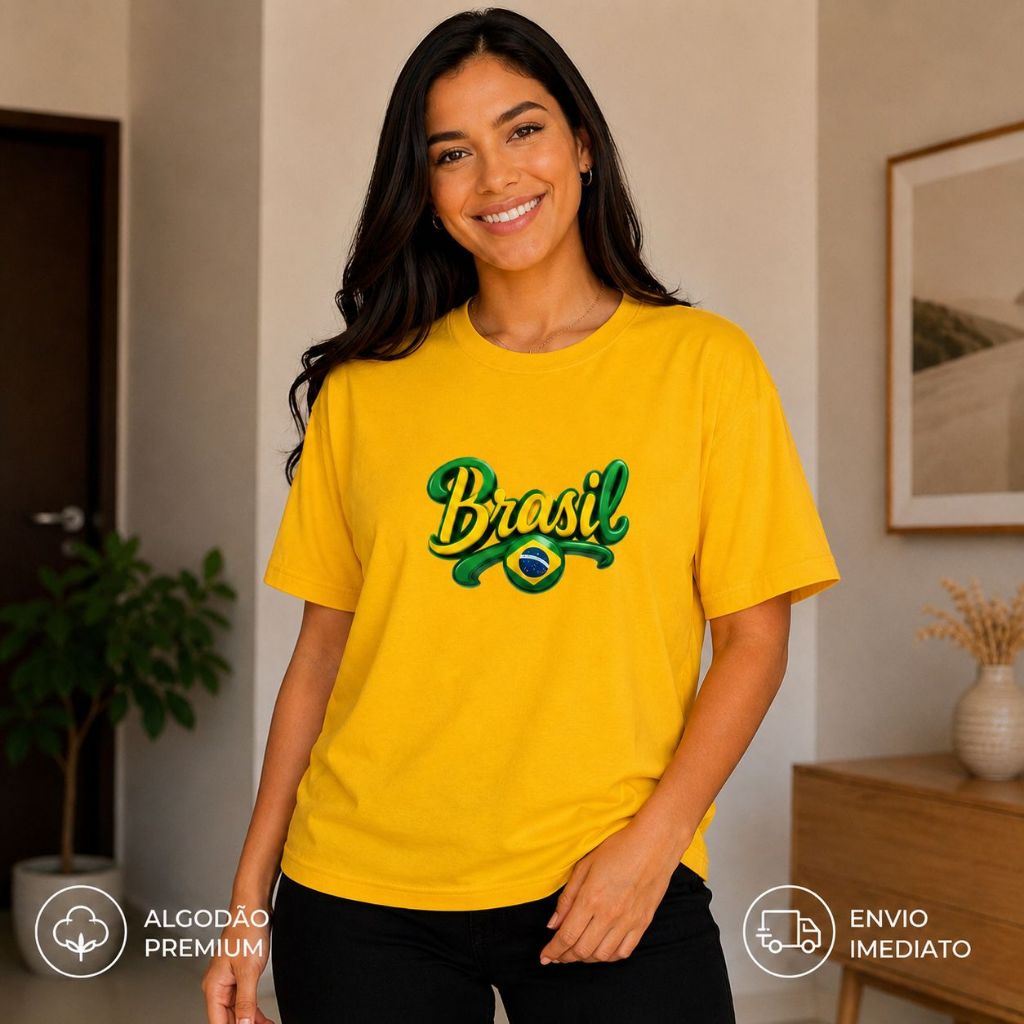 Camiseta Feminina Brasil Estampada Algodão Premium Verde Amarelo Casual