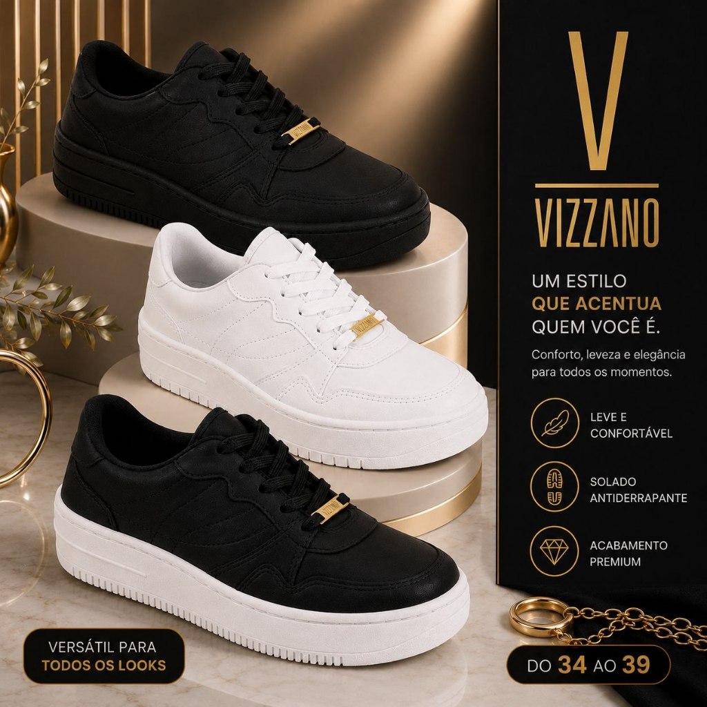Vizzano Tênis Casual Feminino Confortável Flatform Original Preto