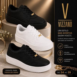 Vizzano Tênis Casual Feminino Confortável Flatform Original Preto