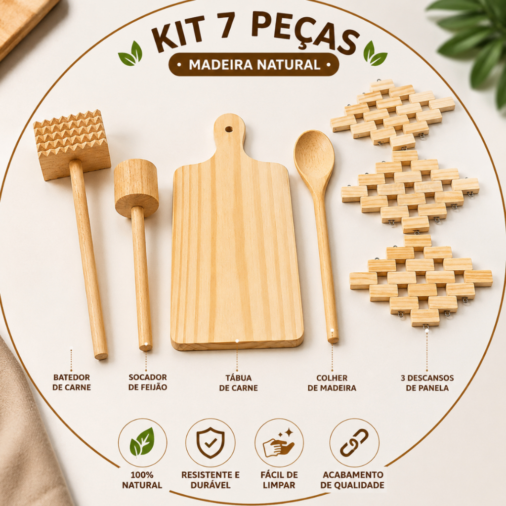 Kit 7 Peças Madeira Natural Tábua Carne + Batedor + Socador Feijão + Colher + Descansos de Panela