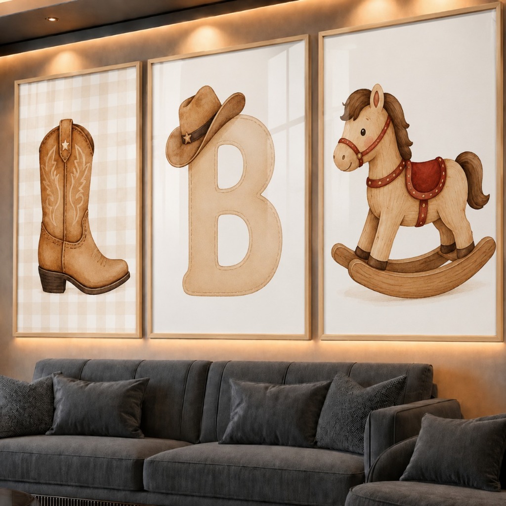Kit 3 Placas Decorativas Infantil Velho Oeste Aquarela Decoração Quarto de Bebê Menino com Inicial Letra B, Bota Countr
