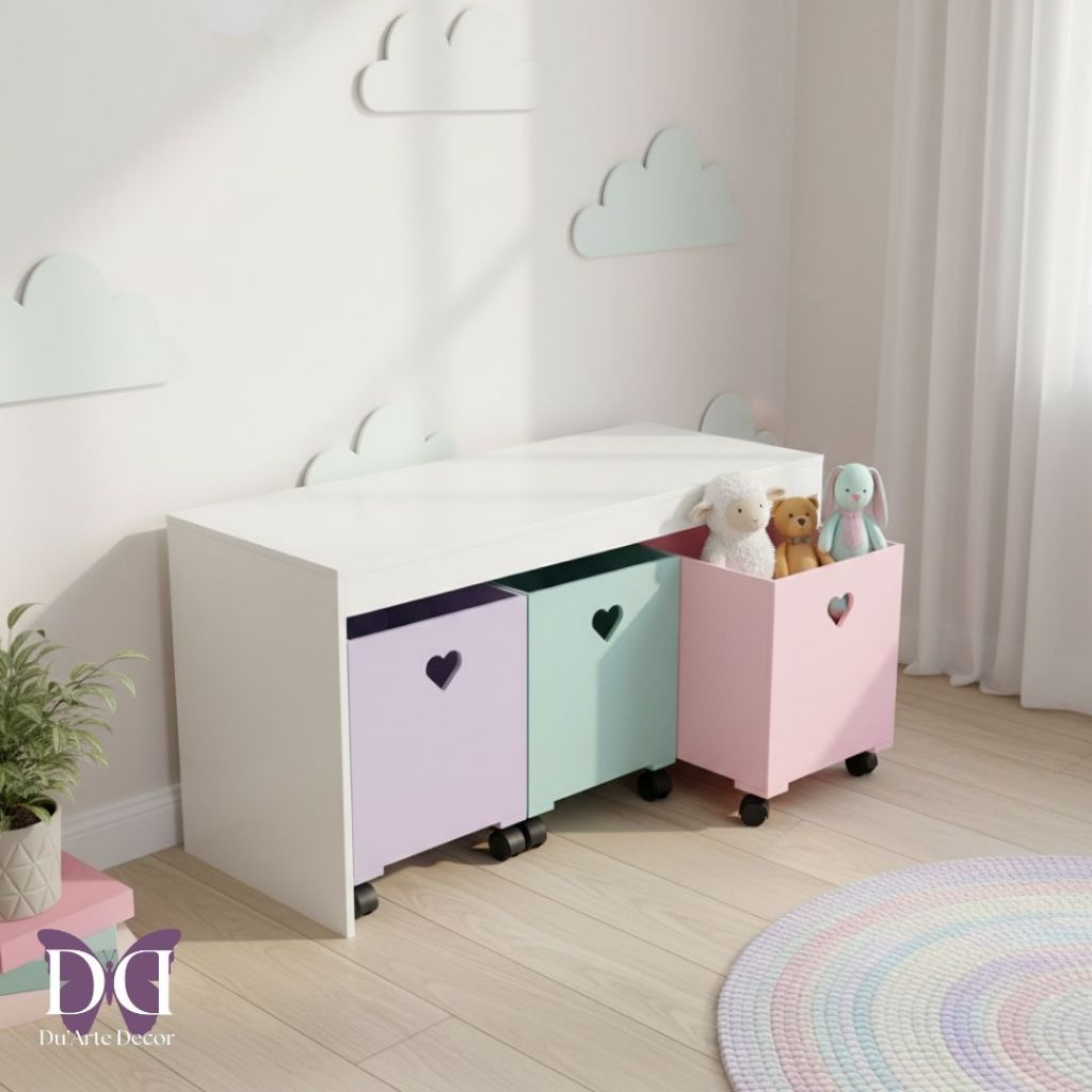 Organizador de Brinquedos Bancada Infantil 3 Gavetas Com Rodinhas em MDF