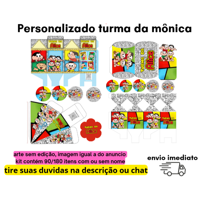 KIT 75 caixinhas e apliques personalizados TEMA: TURMA DA MÔNICA - lembrancinha de festa de aniversario envio rapido
