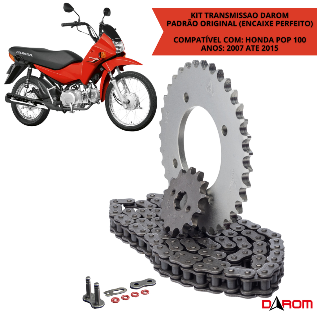 Relação Completa Honda Pop 100 2007 A 2015 Kit Transmissão Com Retentor Corrente Coroa Pinhão Darom