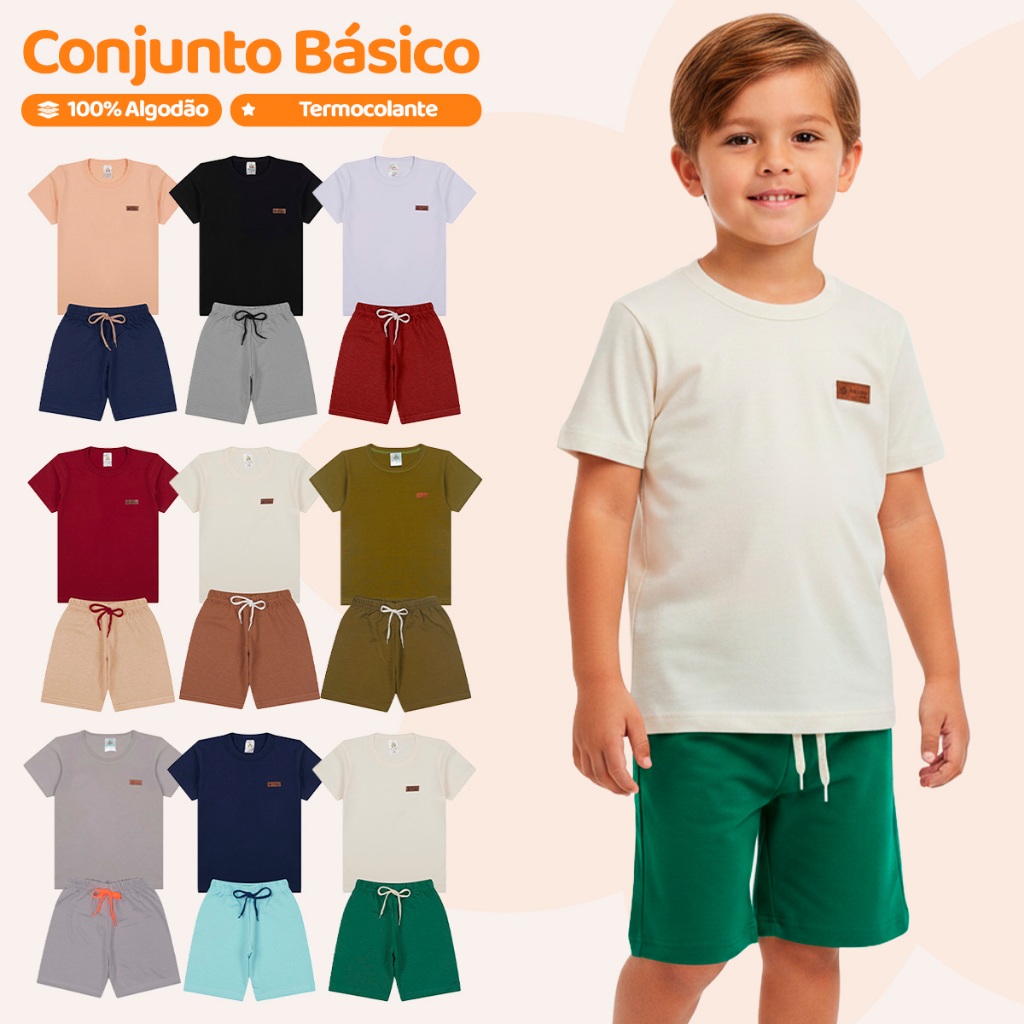 Kit Básico 6 Peças Roupa Infantil Menino - 3 Camisetas Básicas + 3 Bermudas - 3 