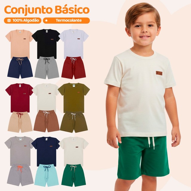 Kit Básico 6 Peças Roupa Infantil Menino - 3 Camisetas Básicas + 3 Bermudas - 3 Conjuntos Lisos Bebê Menino
