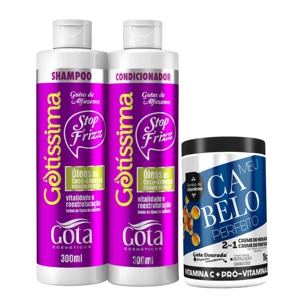 Kit Gota Dourada Gotas De Alfazema Shampoo e Condicionador 300ml e Creme 2 em 1 Cabelo Perfeito Vitamina C 1Kg