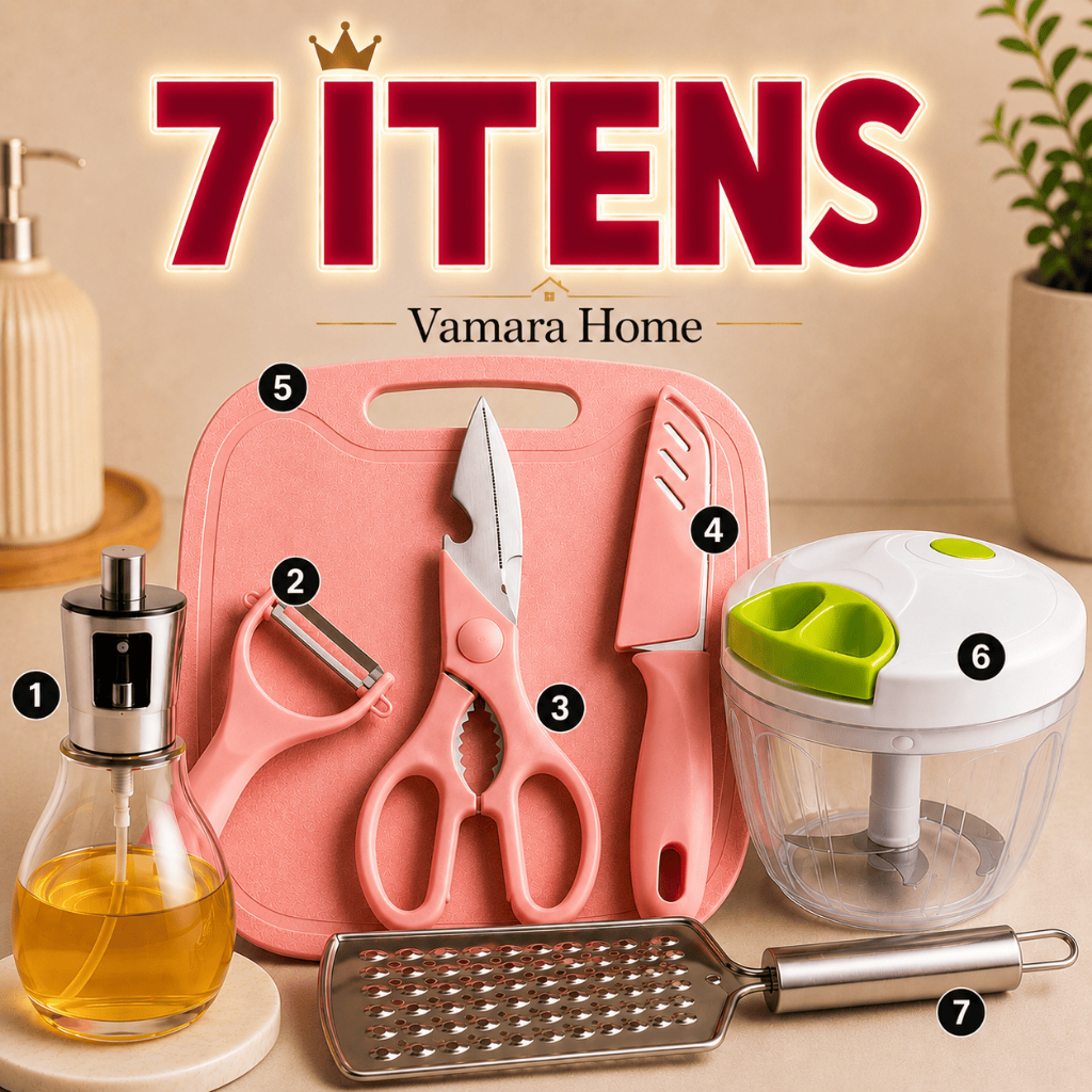 Kit Cozinha Completo 7 Itens com Tábua Faca Tesoura Processador Alimentos Ralador e Galheteiro Spray