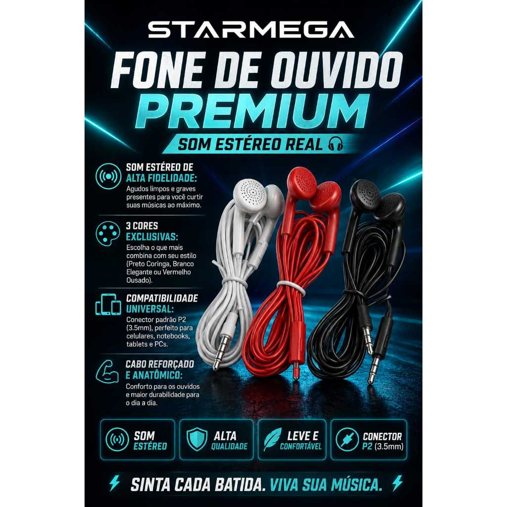 Fone Starmega com Fio | Som Potente • Microfone HD • Compatível com Android, Notebook e PC