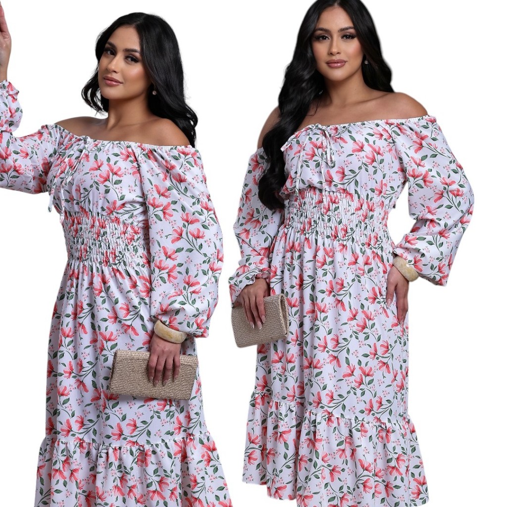 Vestido Midi Ciganinha Manga longa Casual Floral Evangélica Escritório achadinho shopito