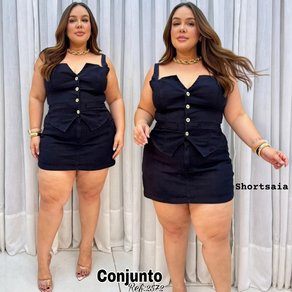 Conjunto Shortsaia Cintura Alta + Blusa Jeans Black Com Lycra Plus Size Ref:2572
