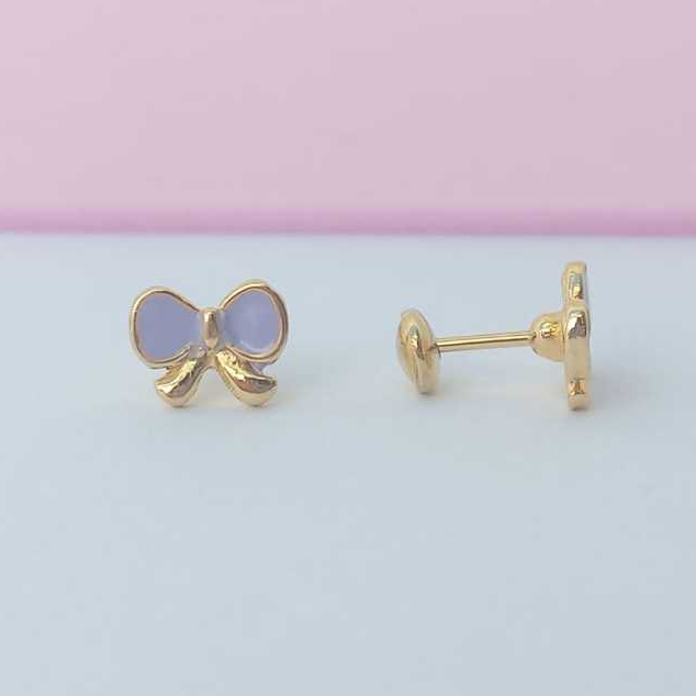 Brinco Lacinho Lilás - Tarraxa Baby - Banho Ouro 18k  Antialérgico