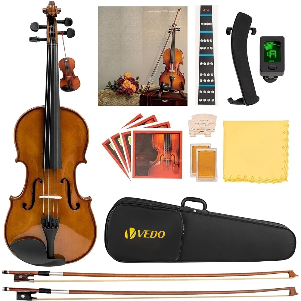 VEDO 4/4 full-size matte violin set, suitable for beginners and adults, with hard box, rosin, shoulder rest, bow, tuner