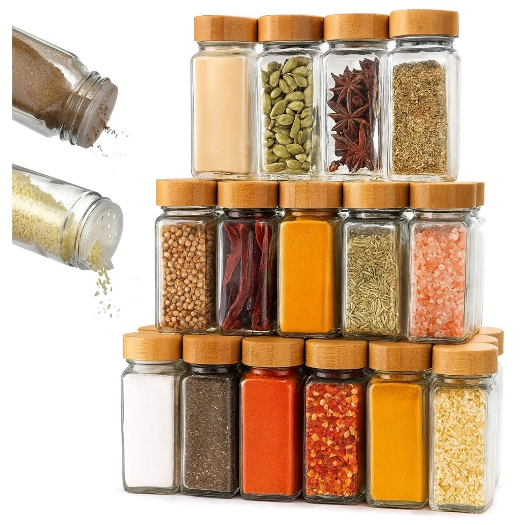 Kit Potes Organizador Temperos Vidro Hermético Tampa Bambu Quadrado Redondo Cozinha Mantimentos 6 10 12 Potes Premium