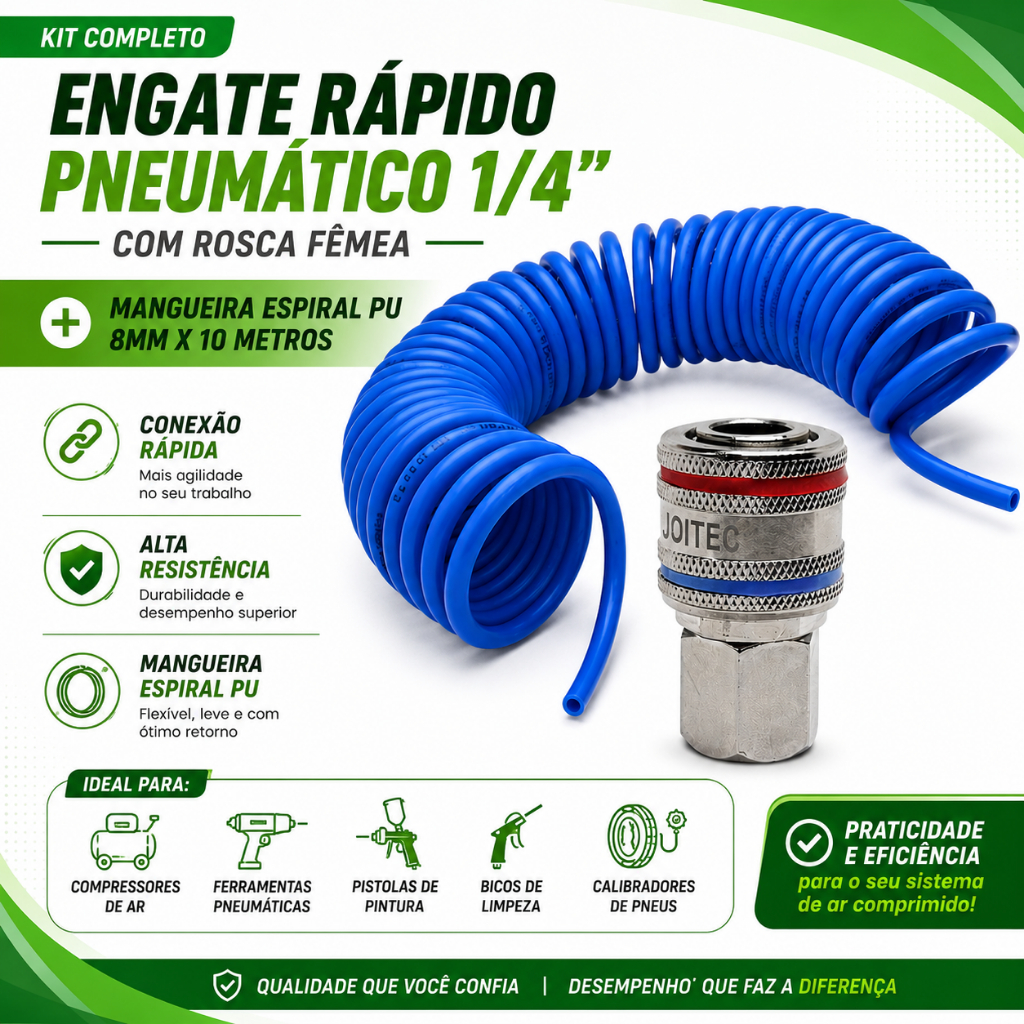Kit Engate Rápido Pneumático 1/4 Rosca Fêmea + Mangueira Espiral PU 8mm x 10 Metros para Ar Comprimido