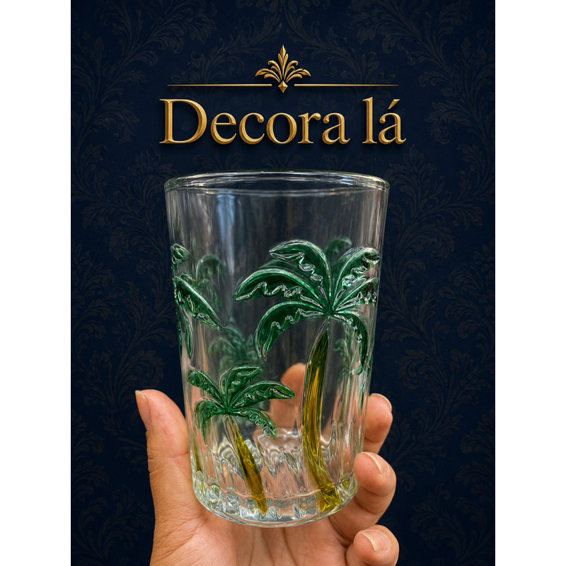 Jogo de Copos Palm Tree Longos de Cristal 6 Peças Palmeira Verde Pintura à Mão 350 ml