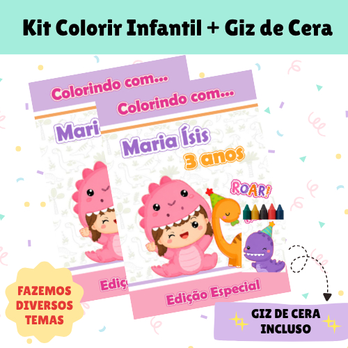 Kit Colorir Dinossauro Baby Rosa Personalizado com Nome e Idade | Lembrancinha Festa Infantil com Giz de Cera | 10 a 50